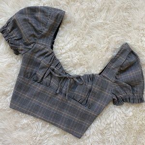 plaid puff sleeve crop top
